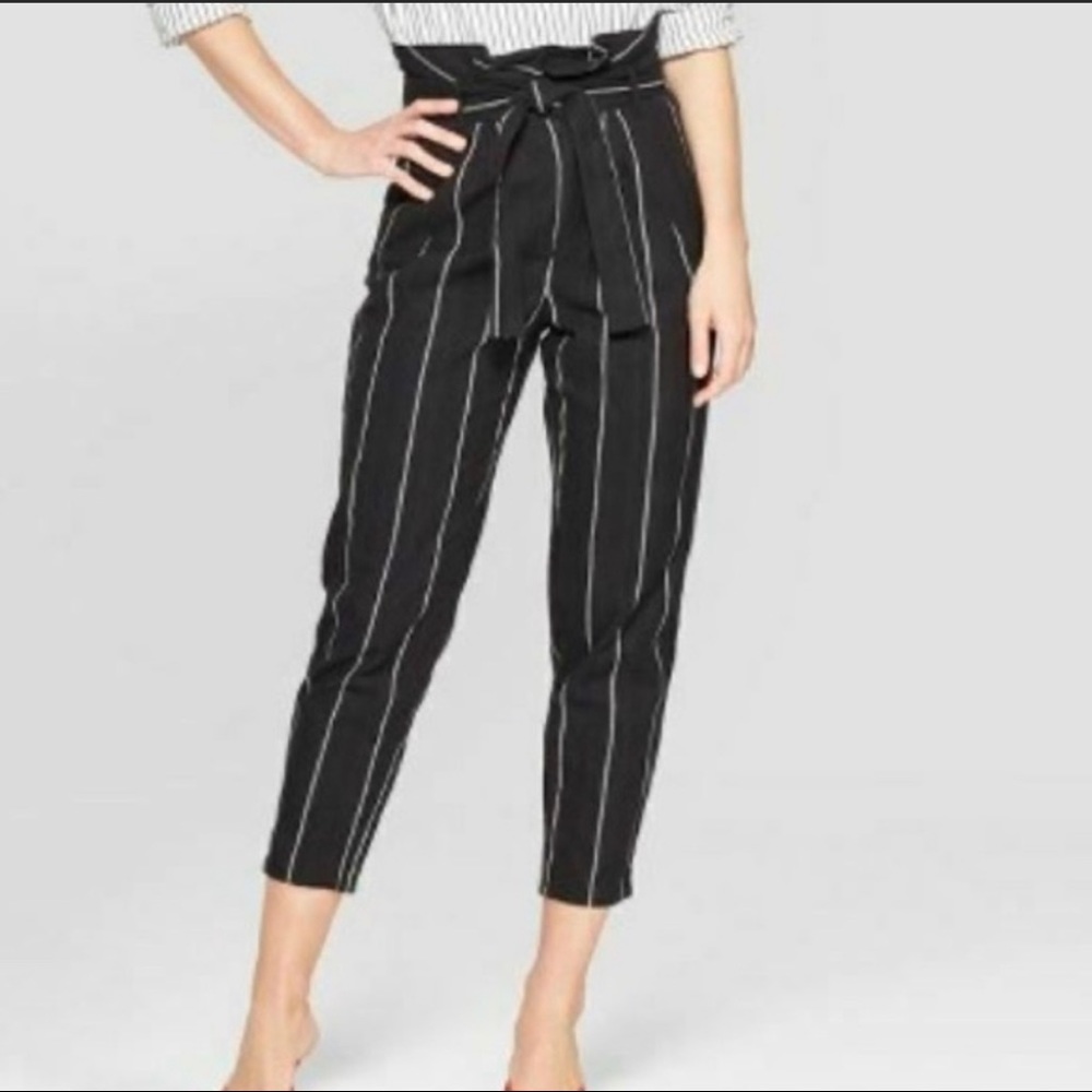 Who What Wear Cotton Linen Paper Bag Crop Striped Pants Black White Size 2